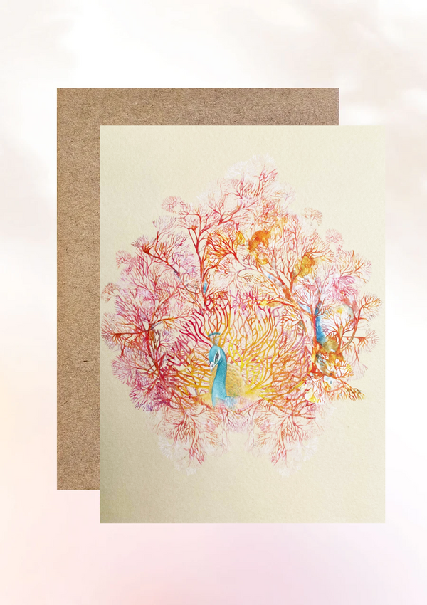 CORAL PEACOCK GREETING CARD