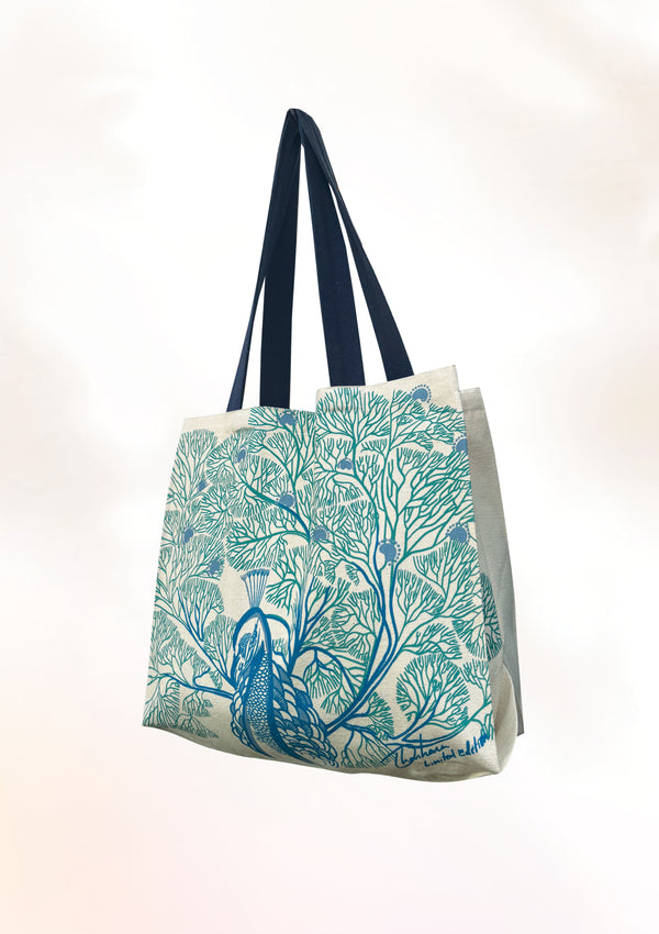 Aqua Coral Peacock Tote