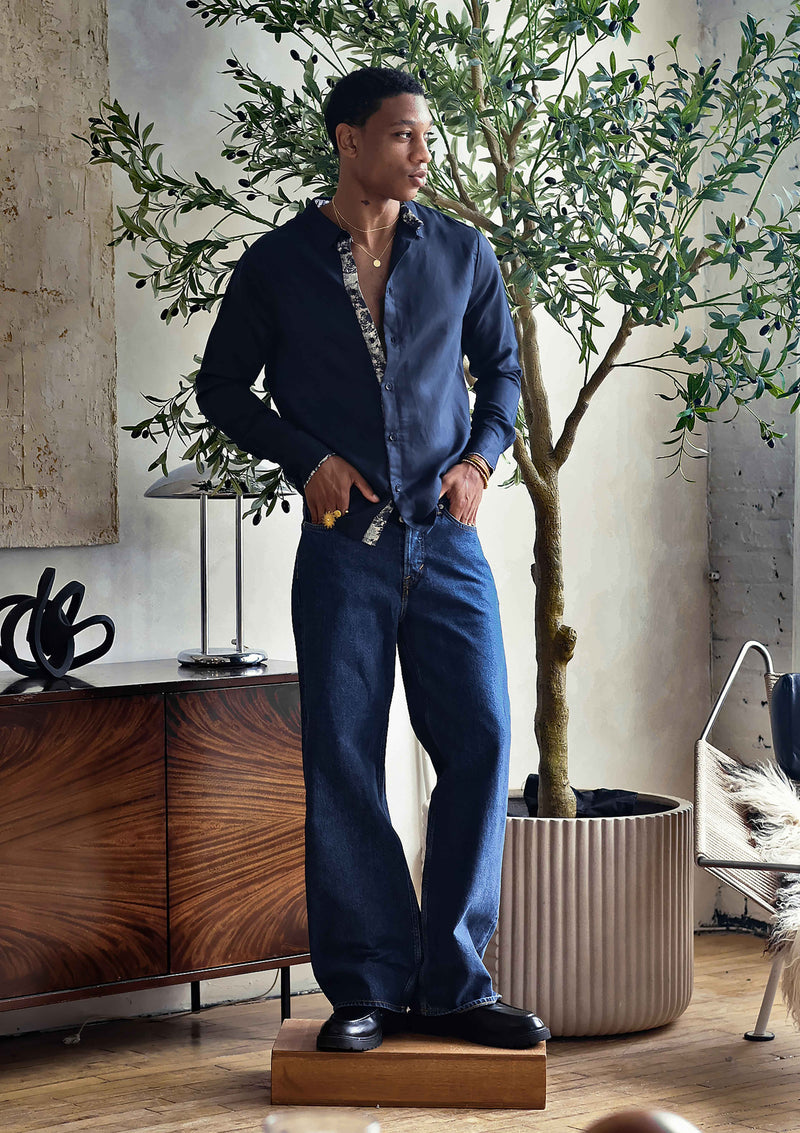 Midnight Blue Long Sleeve Contrast Cuff Shirt