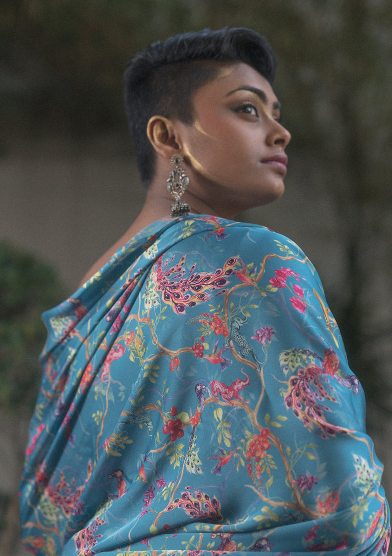 Whimsical Gradient Turquoise Saree